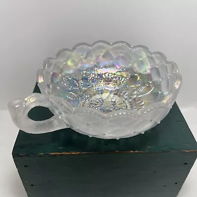 Vintage Imperial Glass Iridescent Carnival Glass Handled Bowl Pansies Quilted • $23.98