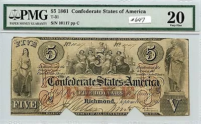 $5 1861 CSA T-31 (#647) PMG VF20 Cutout Cancelled. Very Scarce Note. • $800