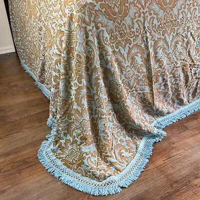 Vintage Bates Blue Brown Leafy Floral Bedspread Fringe Trim Double Size • $118.80