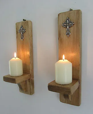 Pair  30cm Reclaimed Pallet Wood Church Sconce Led Candle Holder Silver Cross • £24.99