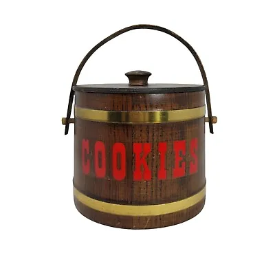 Vintage 70s Wooden Barrel Shaped Cookie Jar Handle Lid Red Letters Cabin Decor • $23.44