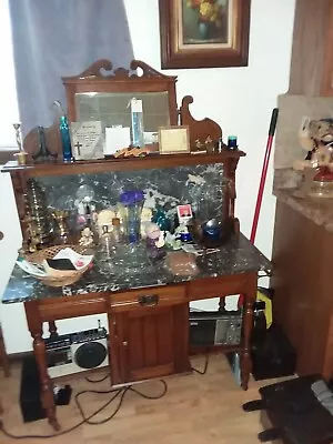 Antique Oak Washstand With Marble Top Mirror And Towel Rack • $800