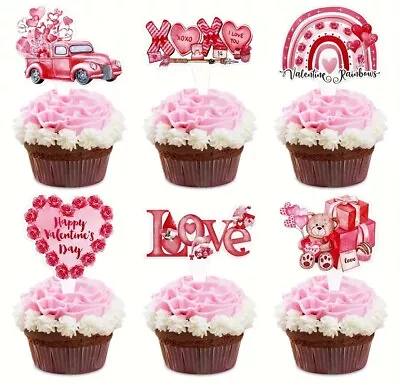 Valentines Day Cupcake Picks Valentine Cake Toppers - 6 Designs Pink/Red  36pc • $4.99