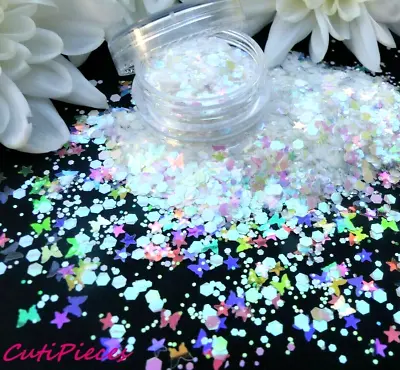 Nail Art Glitter *Fairy Wing* Pastel White Hexagon Iridescent Butterfly Star Pot • £2.35