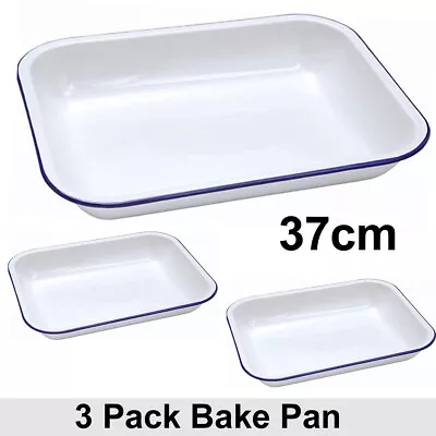 3x Falcon Traditional Enamel 37cm Oblong Bake Pan Baking Roasting Tray White UK • £44.90