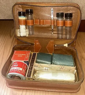 Vintage Curity First Aid Kit Leather Case Glass Vials Tweezers (1930s-1940s) • $49.99