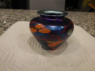 Carl Radke Phoenix Glass Blue Aurene Vase With Orange Flowers & Silver Leaves • $125