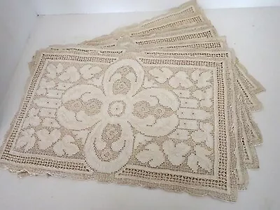 Lot Of 7 Vintage Antique Hand Embroidered Ivory Linen Placemats Set Madeira • $120