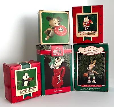 $35 • Buy Vintage Hallmark Christmas Sports And Trumpet Panda Ornaments Lot Of 5