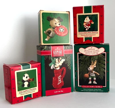 $35 • Buy Vintage Hallmark Christmas Sports And Trumpet Panda Ornaments Lot Of 5