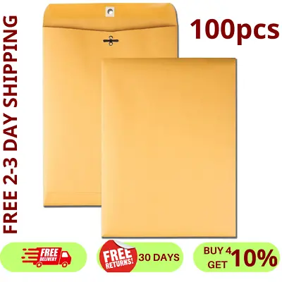 100 Pcs CLASP ENVELOPES 9x12 28lb Kraft Shipping Mailing Gummed Business Manila • $23.99