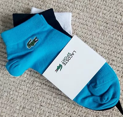 3 Pairs LACOSTE Turquoise Black White Short SOCKS 4-7 36-40 RA1163 UNISEX LacBox • £34.50