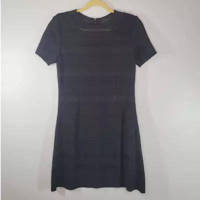 Misook Knit Dress Size XS Sheer Stripe Round Neck Short Sleeve Pull On Black • $56