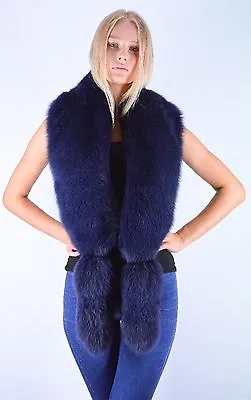 Selected Saga Furs Navy Blue Real Fox Fur Shoulders Wrap Collar Boa With Tails • $247.94