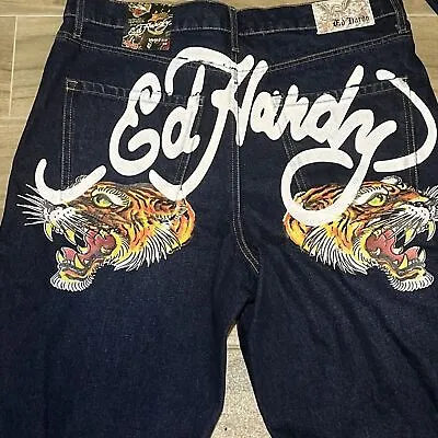 Ed Hardy Originals Men's Size 36 Dark Blue Tiger Heads Loose Fit Jeans NEW • $75.99
