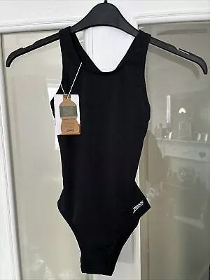Zoggs Swimsuit Size UK 28 / 8years Plain Black Swimming Costume Ecolast+BNWT • £5