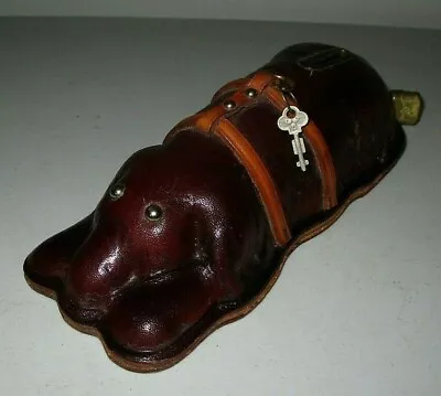 Vintage Brown Leather Sleeping Dog Coin Piggy Bank With Lock And Key • $14.98