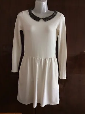 ZARA Trf Women Dress Cream Off White Animal Print Neck Long Sleeve Side Pocket M • £3.55