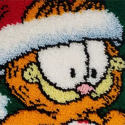 Vintage Garfield The Cat & Santa Hat Completed Latch Hook Rug Or Wall Hanging • $27