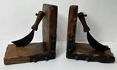 Vintage Pair Of Spanish Spain Sword Knife Bookends Rustic Wood & Metal Pirates • $33.25