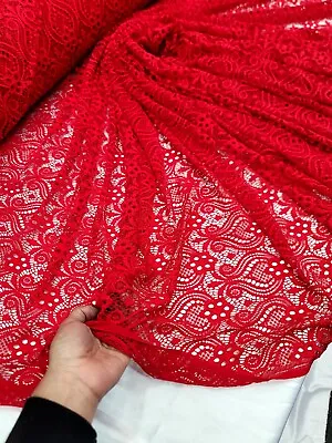 Stretch Lace Fabric Red 4 Way Bridal Dress Fabric Sold By The Yard Damask  • $18.99