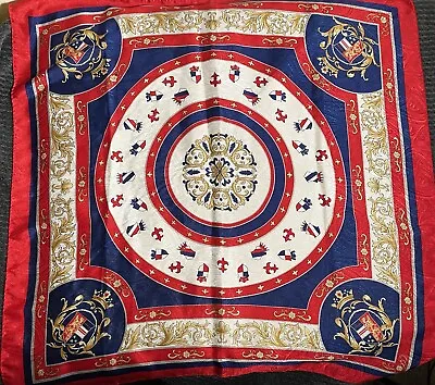 Vintage French Silk Scarf Fleur-de-lis Red Navy Gold White 31  Rolled Hem LNWOT • $34.95