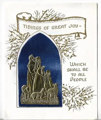 Used Vtg CHRISTMAS CARD-approx 5x6  Religious Gold Foil Shepherds Blue Flocking • $1