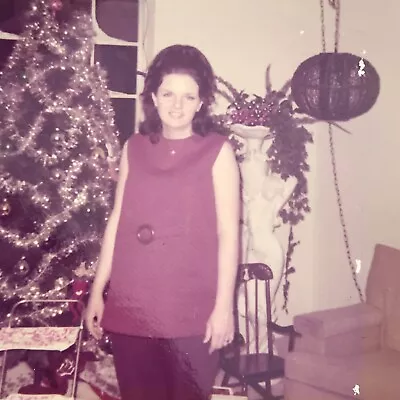 Vintage 1972 Color Photo Young Woman Standing In Front Of Christmas Tree Holiday • $6.69