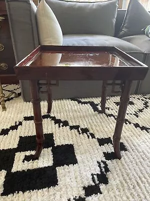 Vintage Chinese Chippendale Faux Bamboo End Table Fretwork Side Table Dark Wood • $175