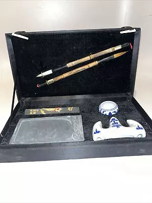 Vintage Chinese Dragon Black Ink Silk Calligraphy Set With Handpainted Porcelain • $20