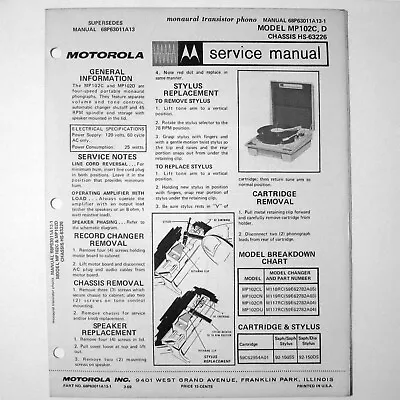 Motorola ® Models MP102C MP102D Record Player Changer Service Manual © 1969 • $4.70