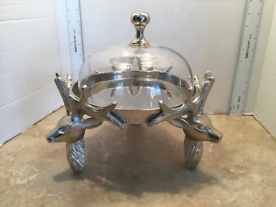 Silver Metal Stag And Glass Cake Dessert Stand 10  Tall With 8 1/4 Diameter Tray • $27.99