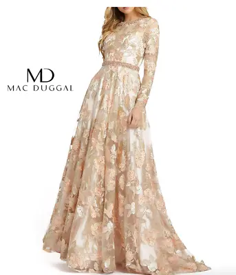 Mac Duggal 79287d Floral Embroided Embellished Long Sleeve Peach Romance Gown 6 • $359.99