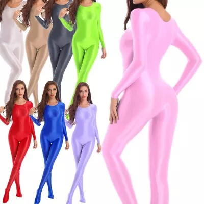 Iiniim Women Sheer Smooth Bodysuit Long Sleeves Glossy Lingerie Catsuit Jumpsuit • $23.27