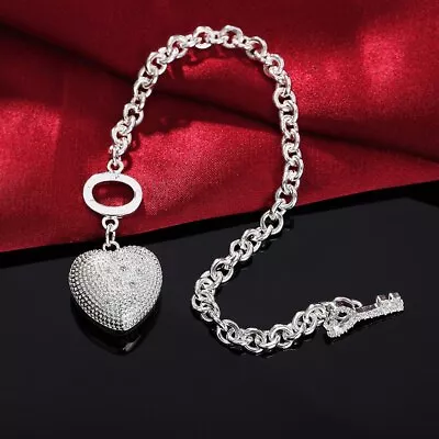 925 Sterling Silver Pretty Crystal Heart Key Bracelet For Woman Wedding Party • $2.47