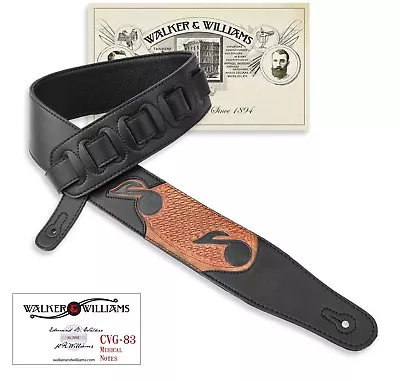 Walker & Williams CVG-83 Black Leather Padded Guitar Strap Carved Music Notes • $35.95