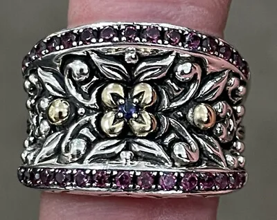 Barbara Bixby 18K Gold Sterling Silver Rhodolite Floral Concaved Ring Size 9 • $219.99