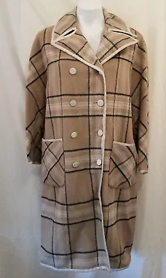 Vintage 1960s Wool Felt Natural Tan Black Tartan Plaid Jacket Coat Patch Pockets • $20