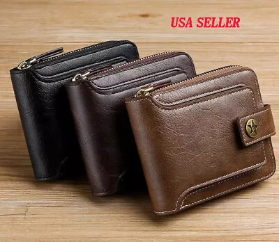 Men Men's T4 Trifold Leather Wallet Retro Multifunctional Zipper Buckle • $9.99