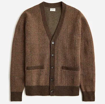 NWT J Crew 100% Wool Herringbone Jacquard Cardigan Sweater In Brown & Beige • $169.99