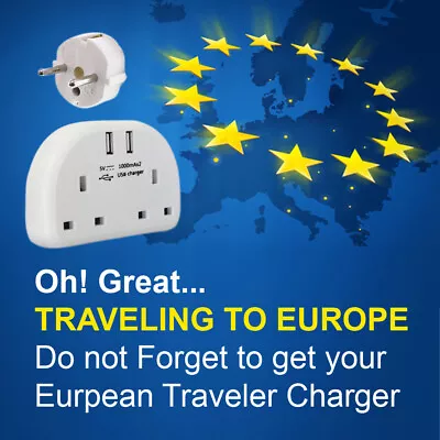£141.95 • Buy 2 Way European Travel Adapter With 2 USB Ports 2 Pin EU To 3 Pin UK Plug Socket