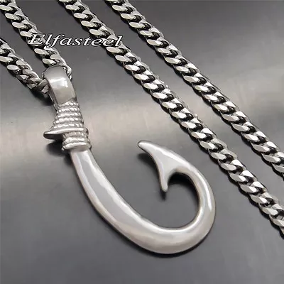 Men's Silver Fishing Fishhook 316L Stainless Steel Charm Pendant Necklace • $8.99