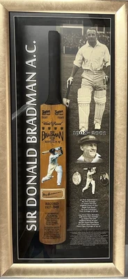 $1290 • Buy DON BRADMAN SIGNED Cricket Bat Sykes Montage Display Full Size Aged FRAMED COA