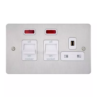 MK Edge Brushed Stainless Steel 45A Cooker Switch + Socket DP Neon K14361BSSW • £44.95