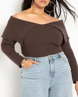 Eloquii Georgia Off The Shoulder Sweater Womens 18/20 Brown Ribbed Knit • £24.10