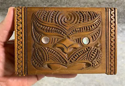 Wood Wood New Zealand Carved Trinket Jewelry Chest Box Maori Tiki Abalone Shell • $57.35