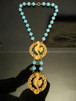 Vintage Runway Statement Gold Seahorse Pendant Blue Lucite Bead Drop Necklace! • $125