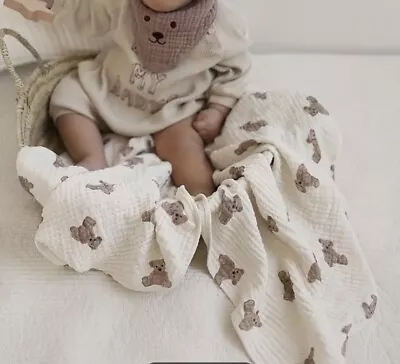 Teddy Bear Large 130*90cm Soft 100% Cotton Unisex Baby Muslin Swaddle Blankets • £15.25