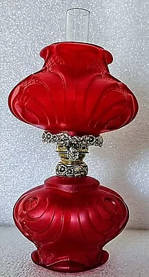  Miniature Lamp Red Satin Embossed Scrolls & Lattice Fancy Edward Miller Setup • $345