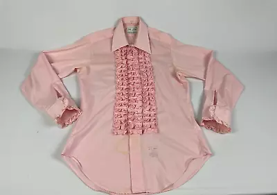Vtg 70s LION OF TROY RUFFLED TUXEDO SHIRT PINK Sz S USA MADE Soiling Stains • $10